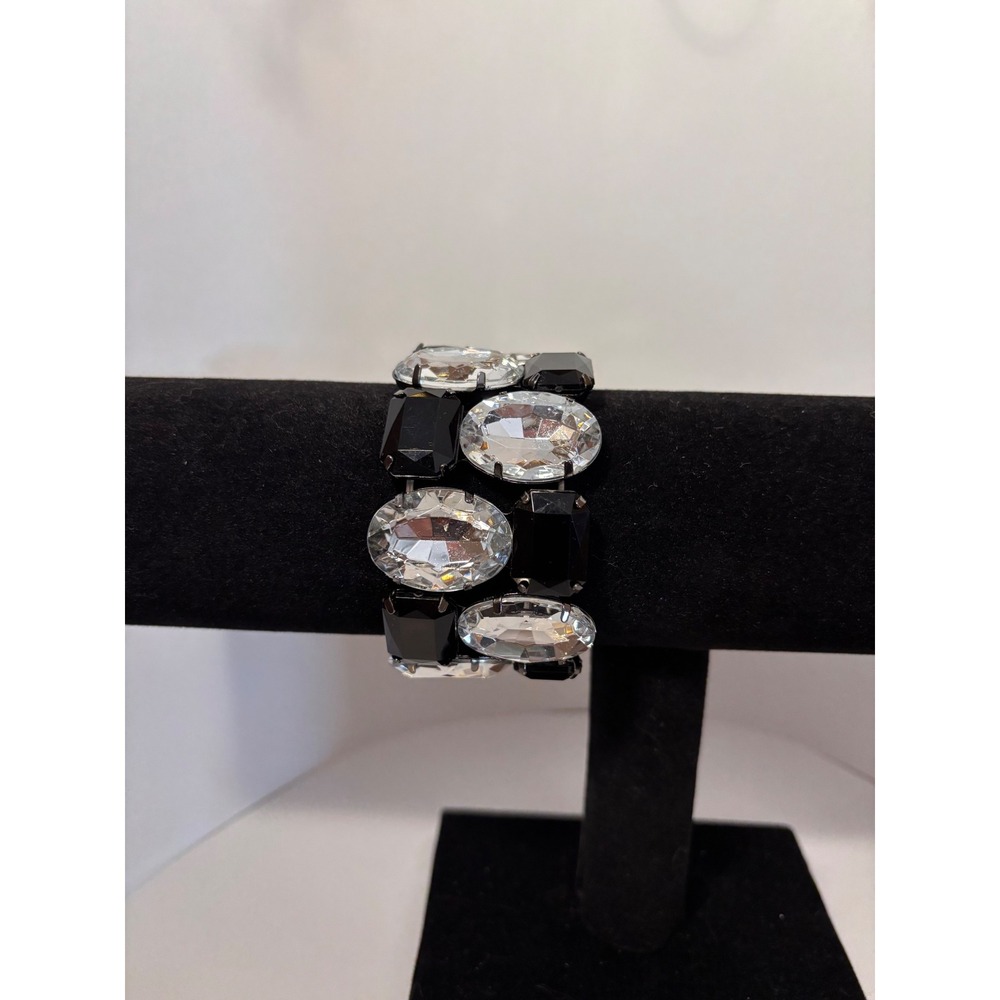 Chunky Black and Clear Crystal Stretch Statement Bracelet Wide Glam Cuff